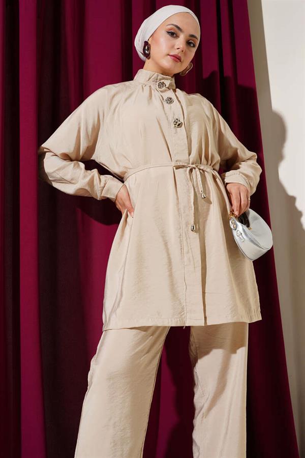 Zippered Front Belted 2 Piece Set Beige