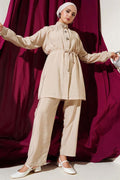 Zippered Front Belted 2 Piece Set Beige