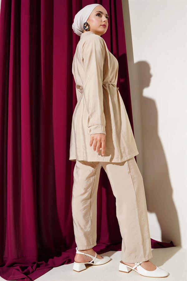 Zippered Front Belted 2 Piece Set Beige