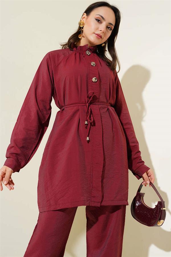 Zippered Front Belted 2 Piece Set Claret Red