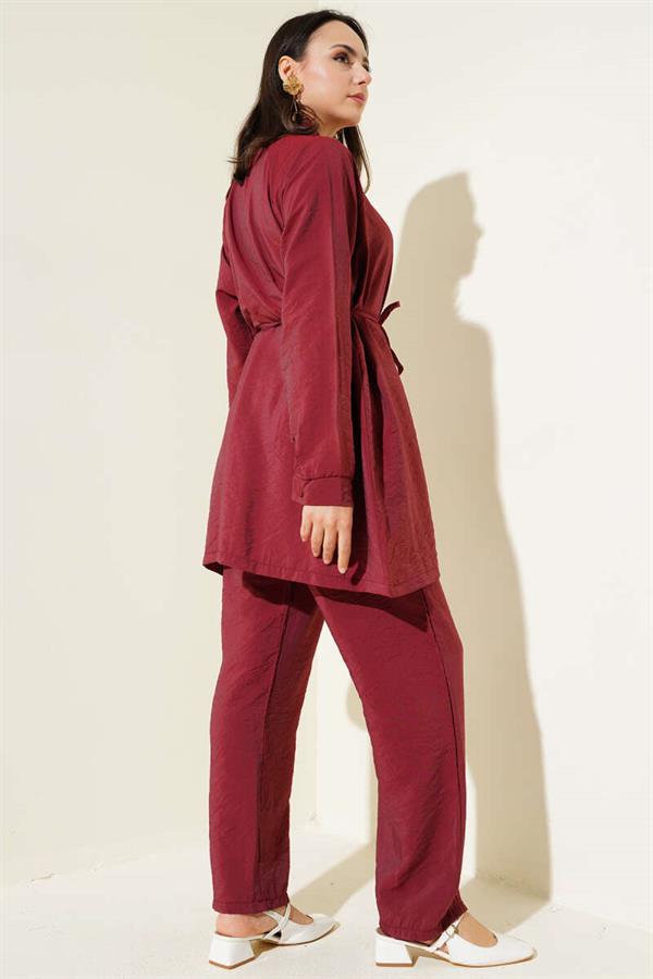 Zippered Front Belted 2 Piece Set Claret Red