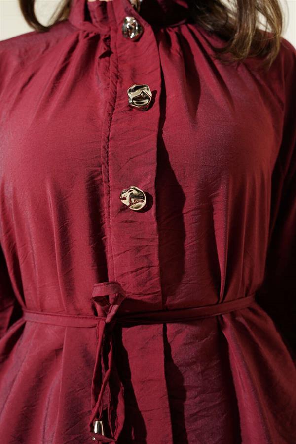 Zippered Front Belted 2 Piece Set Claret Red
