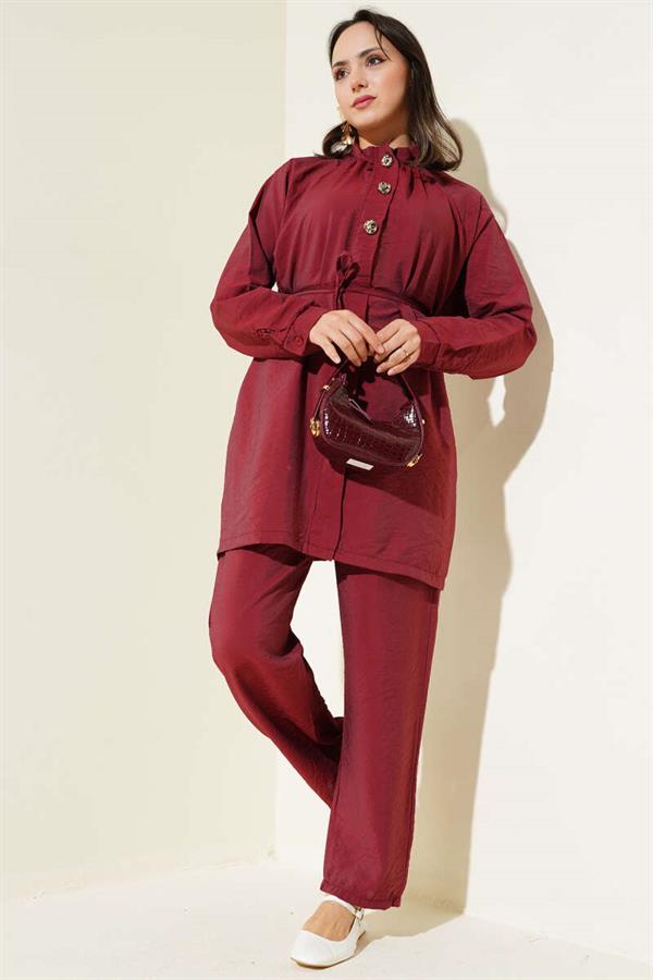 Zippered Front Belted 2 Piece Set Claret Red