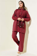 Zippered Front Belted 2 Piece Set Claret Red