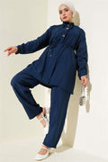 Zippered Front Belted 2 Piece Set Navy Blue