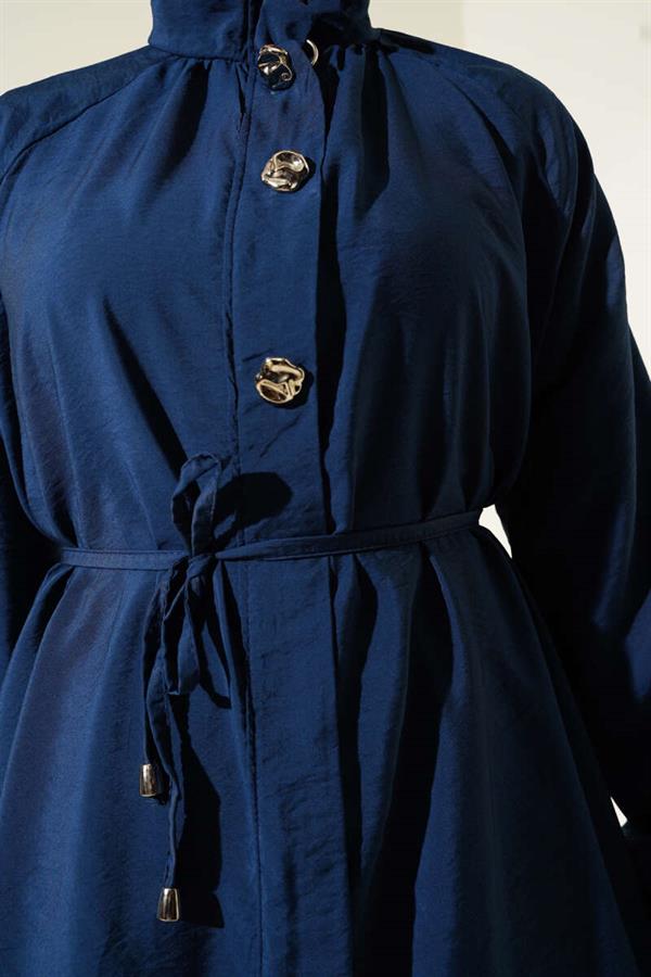 Zippered Front Belted 2 Piece Set Navy Blue