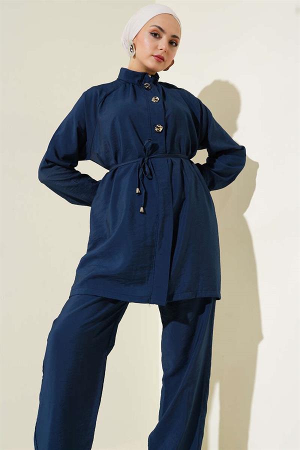 Zippered Front Belted 2 Piece Set Navy Blue