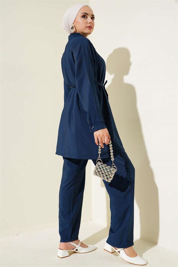 Zippered Front Belted 2 Piece Set Navy Blue
