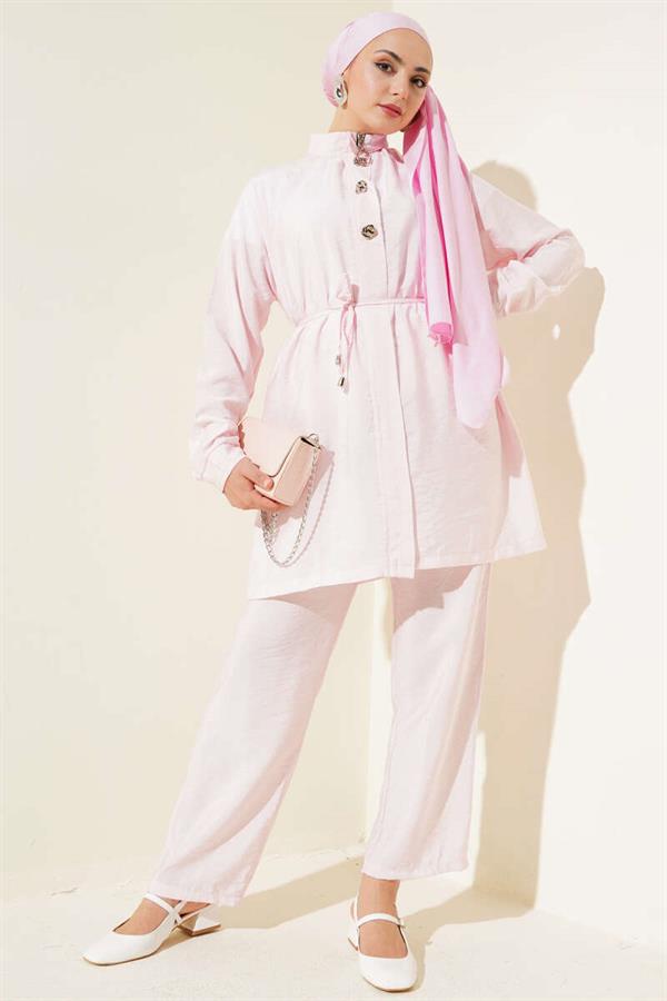 Zippered Front Belted 2 Piece Set Pink