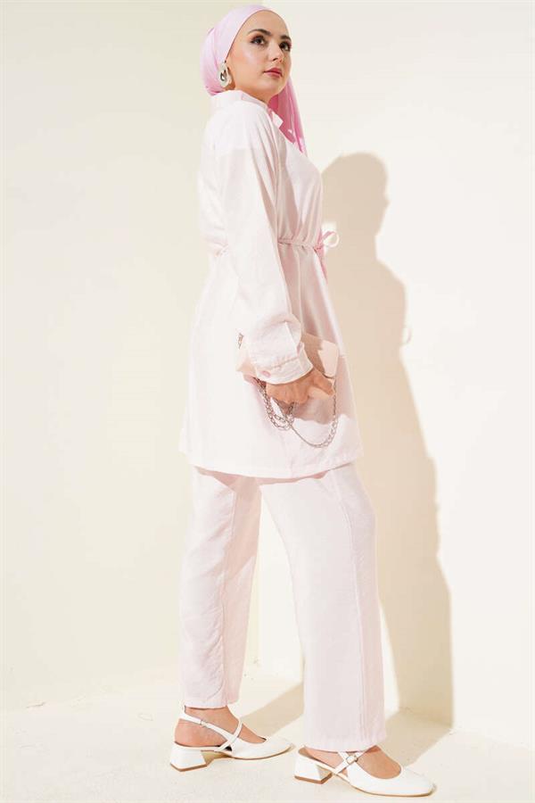 Zippered Front Belted 2 Piece Set Pink