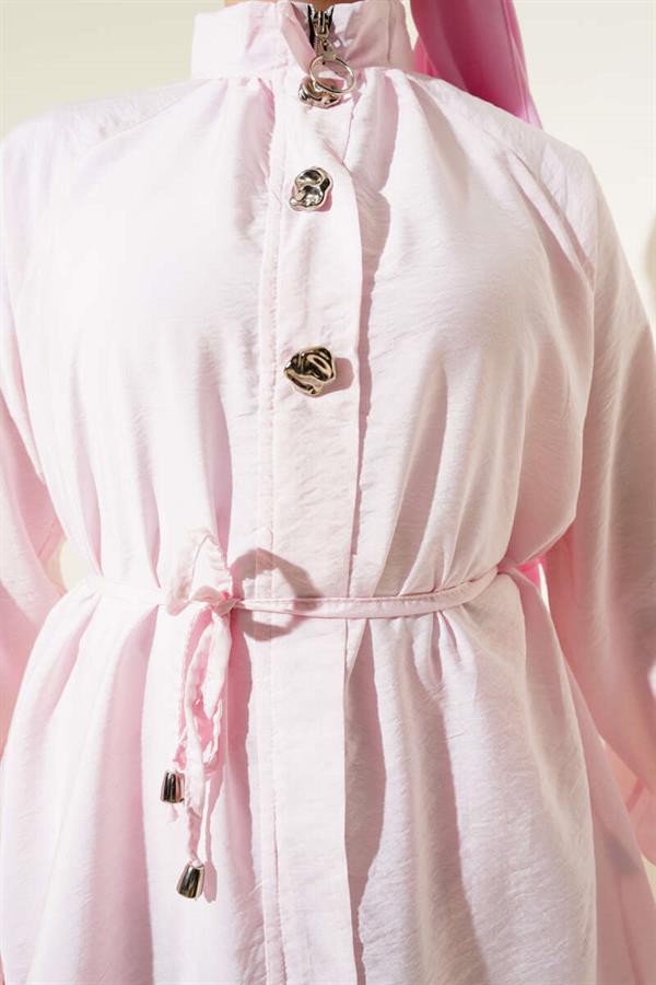 Zippered Front Belted 2 Piece Set Pink