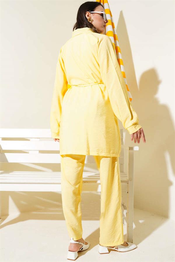 Zippered Front Belted 2 Piece Set Yellow
