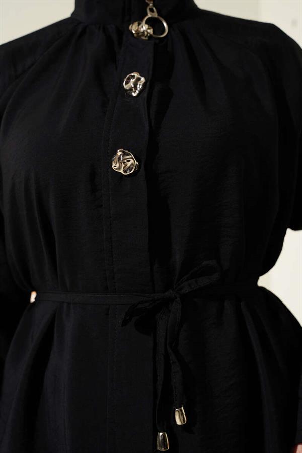 Zippered Front Belted 2 Piece Set Black