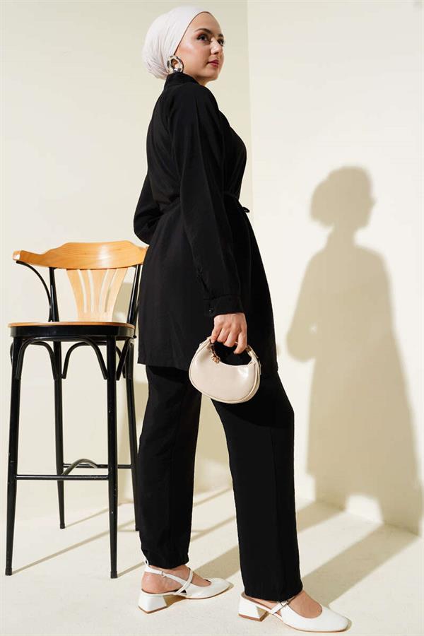 Zippered Front Belted 2 Piece Set Black