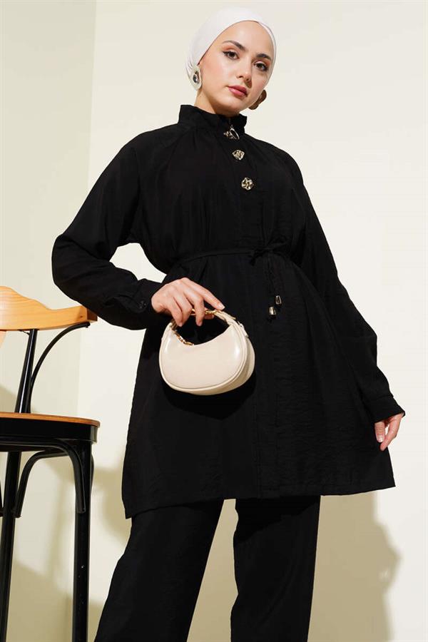 Zippered Front Belted 2 Piece Set Black