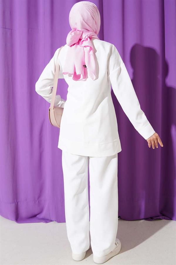 Front Zippered Tunic 2 Piece Set White