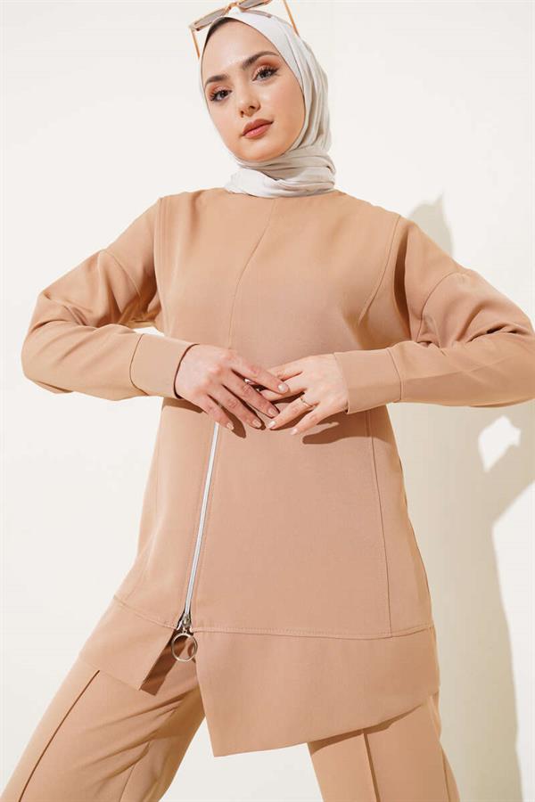 Front Zippered Tunic 2 Piece Set Camel