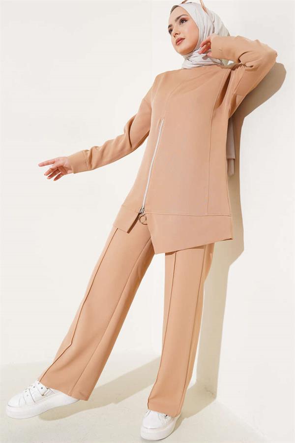 Front Zippered Tunic 2 Piece Set Camel