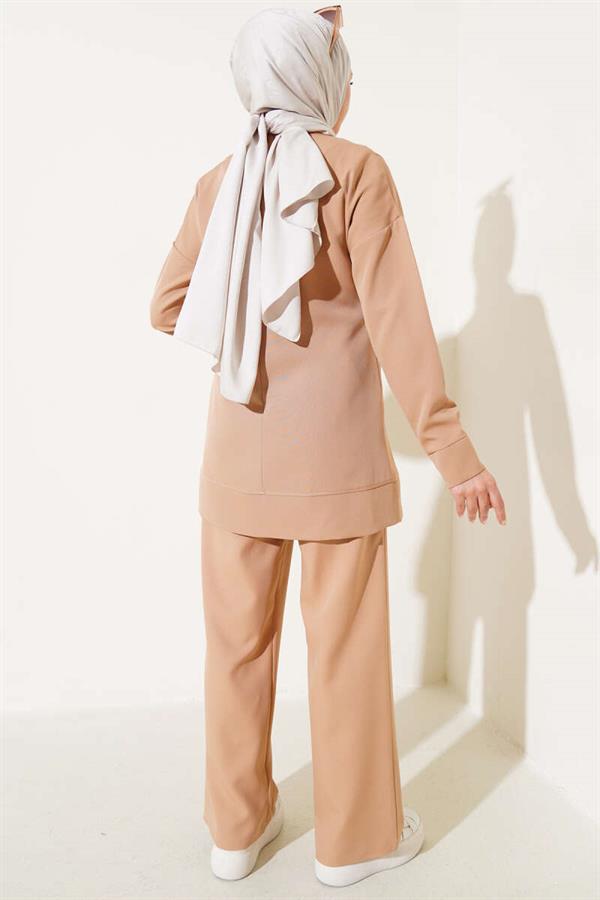 Front Zippered Tunic 2 Piece Set Camel