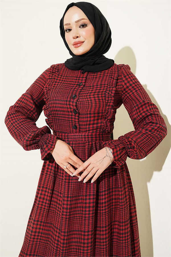 Burgundy Plaid Dress with Ruffle Detail at the Front