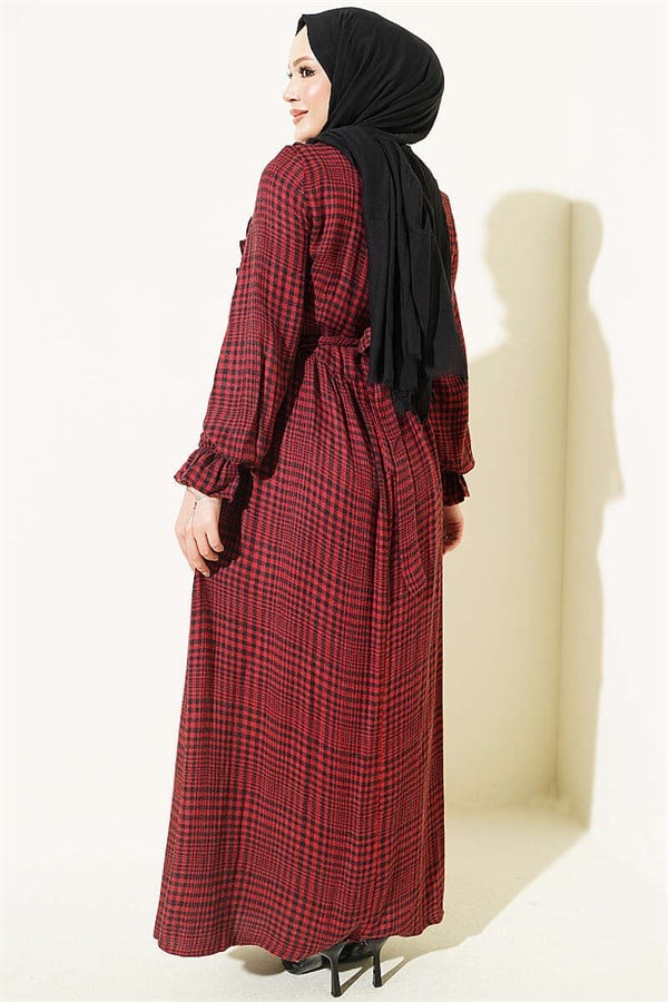 Burgundy Plaid Dress with Ruffle Detail at the Front