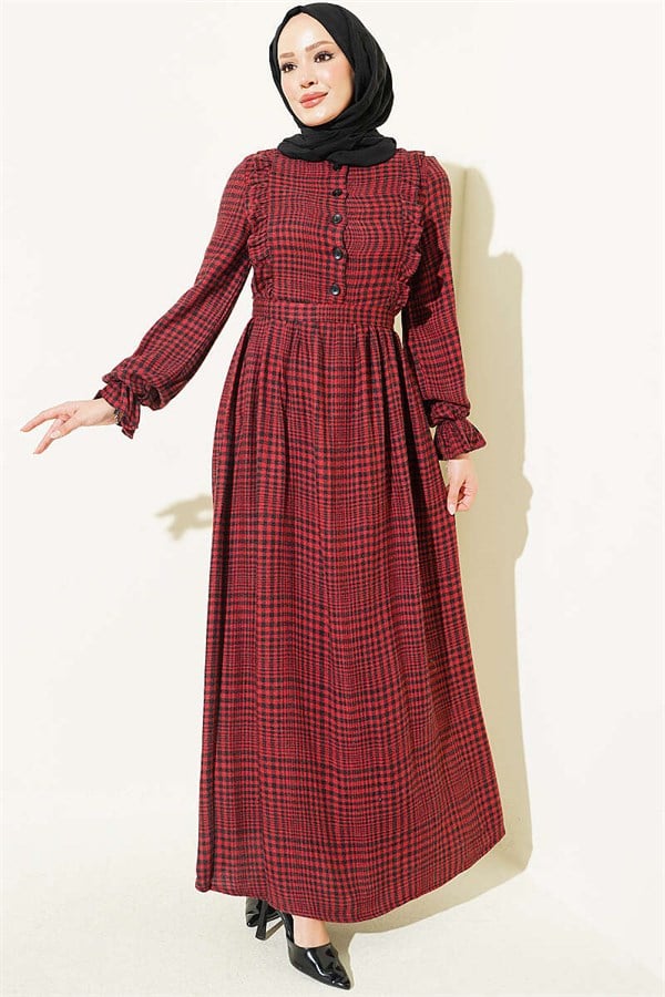 Burgundy Plaid Dress with Ruffle Detail at the Front