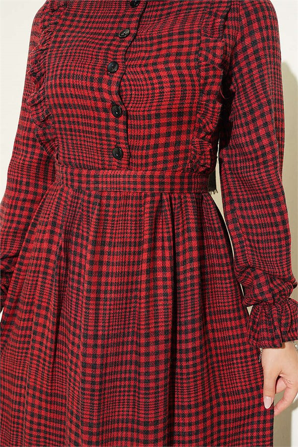 Burgundy Plaid Dress with Ruffle Detail at the Front