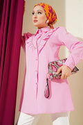 Front Ruffle Stone Stripe Transitional Buttoned Shirt Pink
