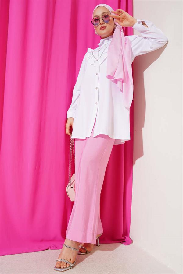 Front Ruffle Stone Stripe Transitional Buttoned Shirt White