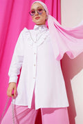 Front Ruffle Stone Stripe Transitional Buttoned Shirt White