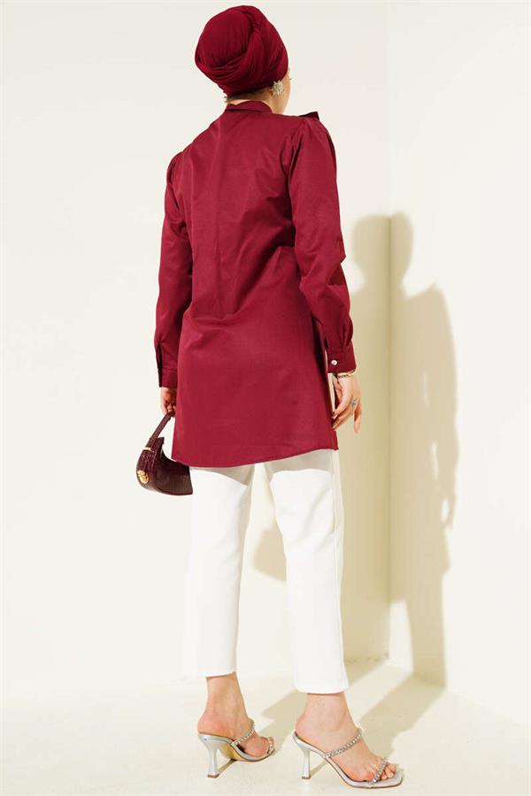 Front Ruffle Stone Stripe Transitional Buttoned Shirt Burgundy