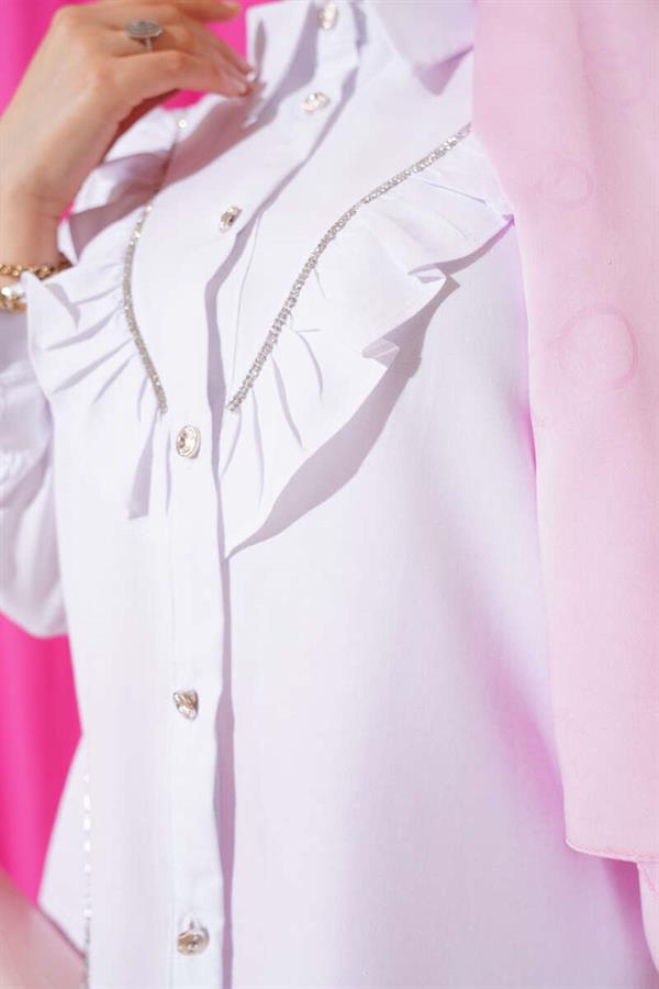 Front Ruffle Stone Stripe Transitional Buttoned Shirt White