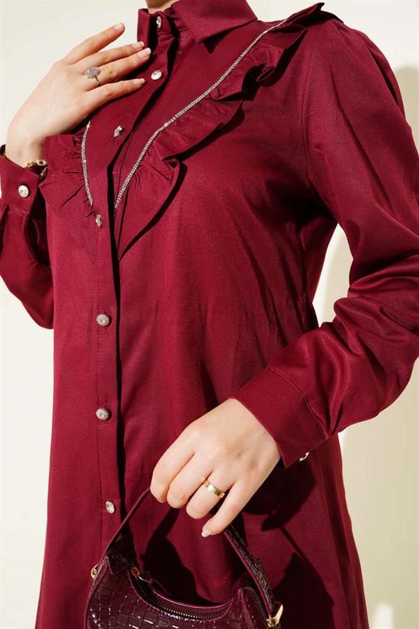 Front Ruffle Stone Stripe Transitional Buttoned Shirt Burgundy