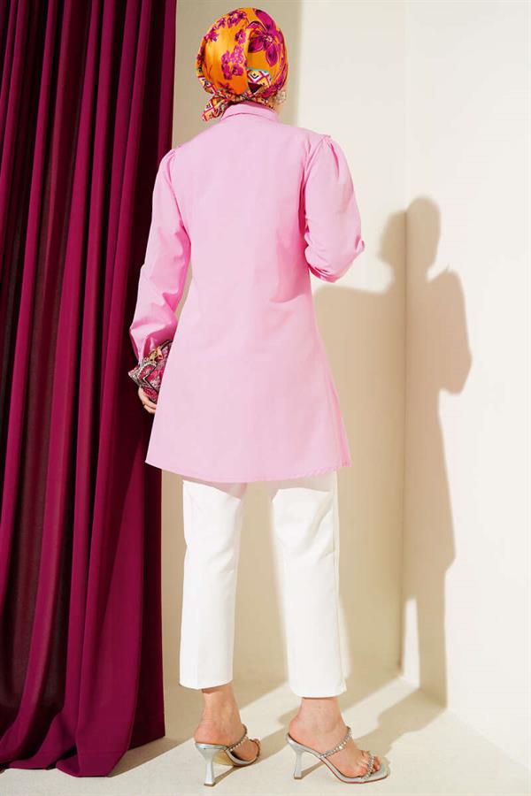 Front Ruffle Stone Stripe Transitional Buttoned Shirt Pink