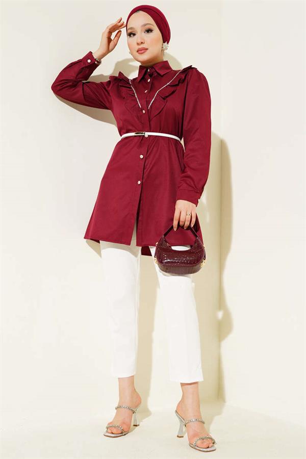 Front Ruffle Stone Stripe Transitional Buttoned Shirt Burgundy