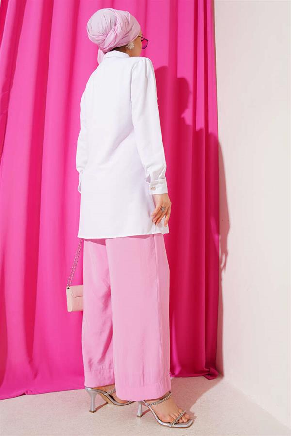 Front Ruffle Stone Stripe Transitional Buttoned Shirt White