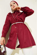 Front Ruffle Stone Stripe Transitional Buttoned Shirt Burgundy
