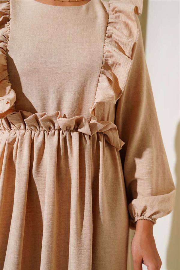 Ruffle Front Elastic Waist Dress Beige