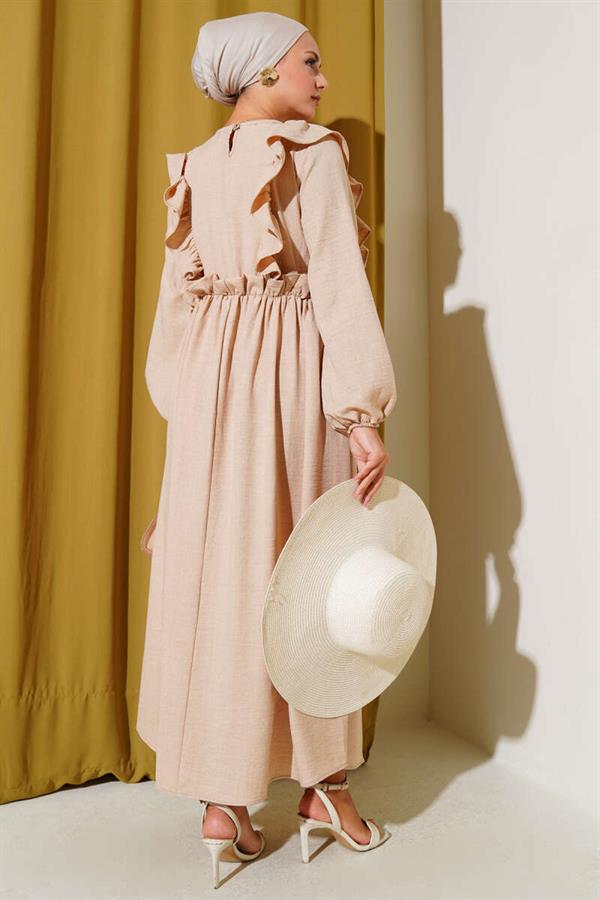 Ruffle Front Elastic Waist Dress Beige