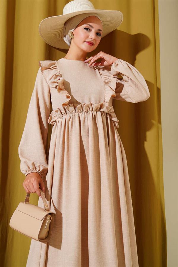 Ruffle Front Elastic Waist Dress Beige