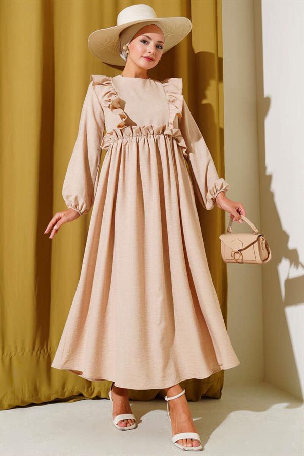Ruffle Front Elastic Waist Dress Beige