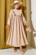 Ruffle Front Elastic Waist Dress Beige