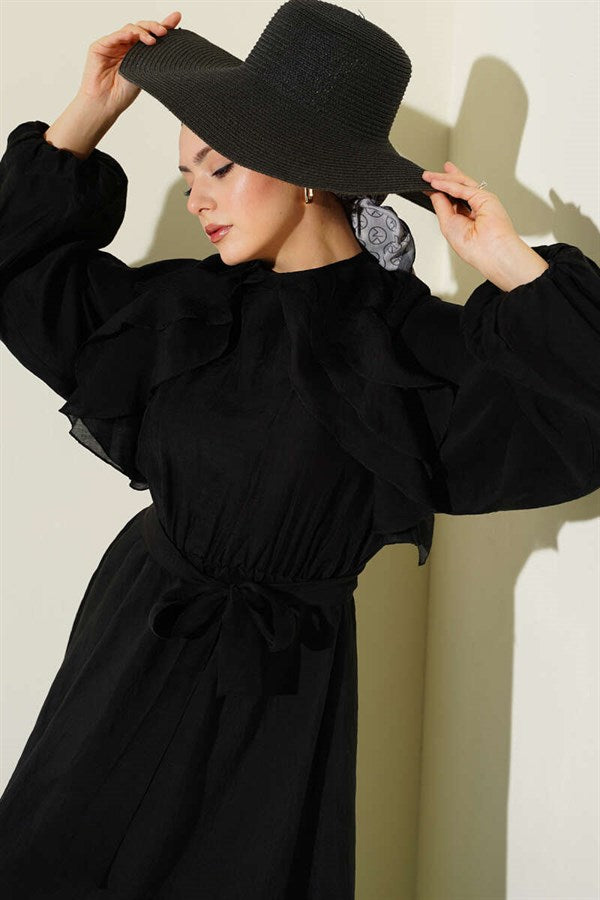 Black Dress with Ruffled Front and Elastic Waistband