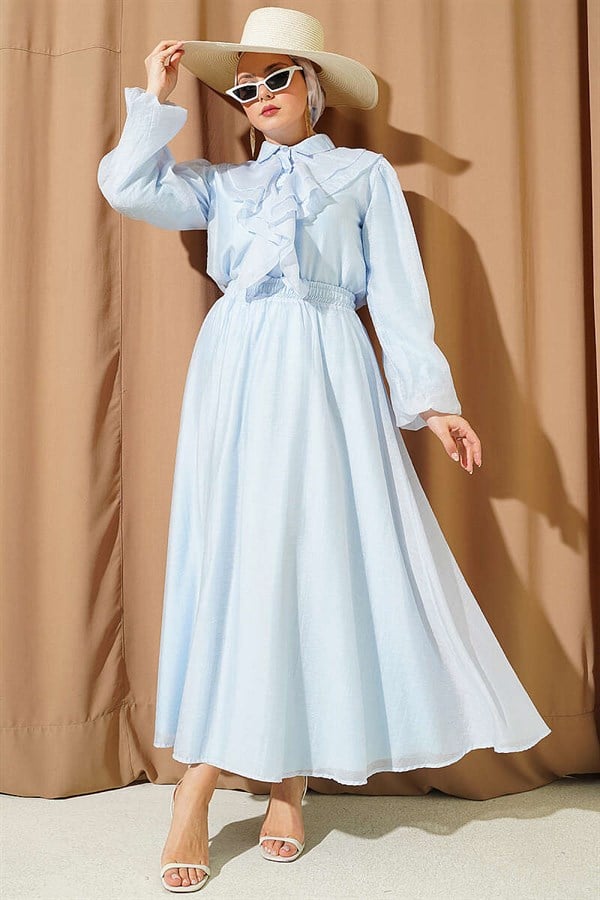 2 Piece Set: Blouse and Skirt with Ruffled Front, Baby Blue