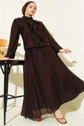 2 Piece Set: blouse and skirt with ruffled front, coffee color.