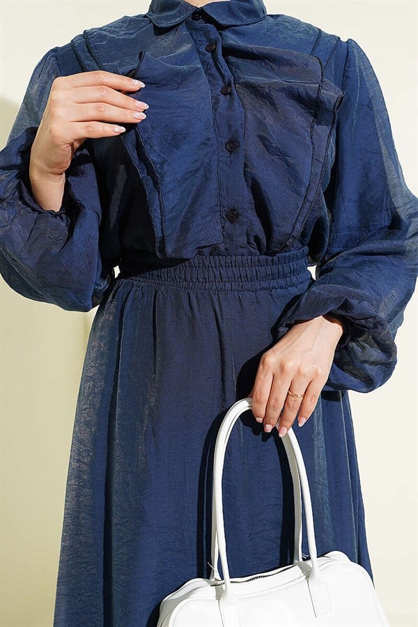 Navy Blue 2 Piece Set: Blouse and Skirt with Ruffled Front