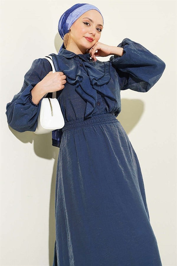 Navy Blue 2 Piece Set: Blouse and Skirt with Ruffled Front
