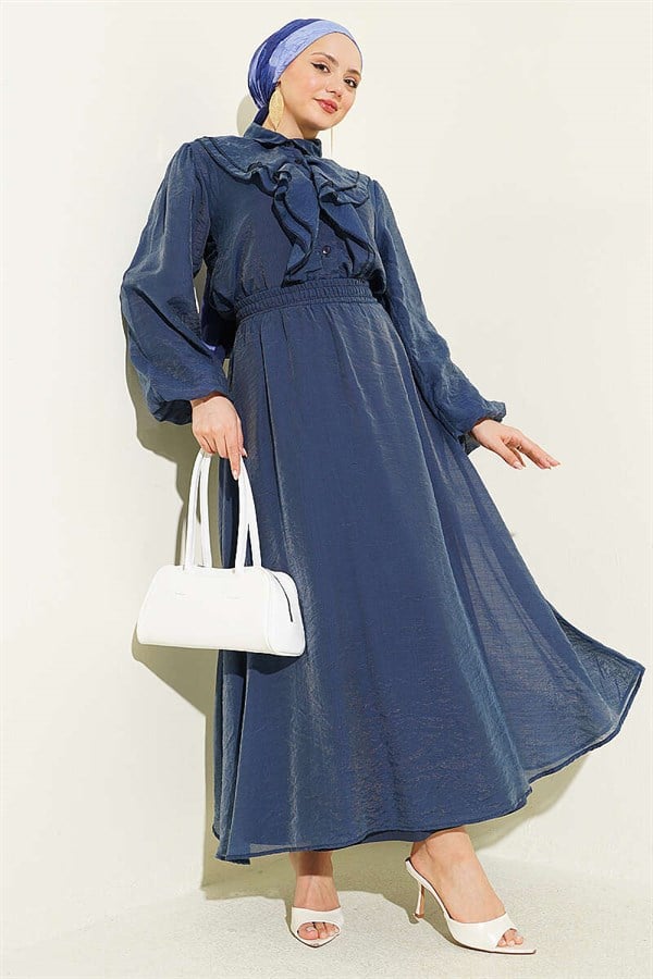 Navy Blue 2 Piece Set: Blouse and Skirt with Ruffled Front