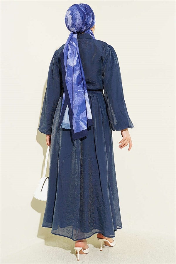 Navy Blue 2 Piece Set: Blouse and Skirt with Ruffled Front