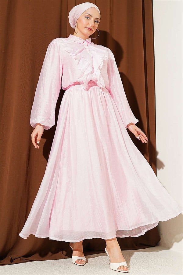 Pink 2 Piece Set: Blouse and Skirt with Ruffled Front